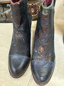 New Spring Step womens boots size 39 blue leather tooled accents med heel zipper - Picture 1 of 6