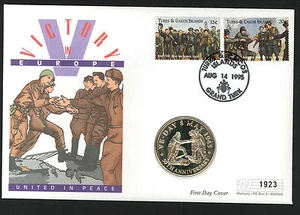 1995 Victory in Europe Coin FDC - 5 Crowns Coin & Grand Turk Pmk - Picture 1 of 1