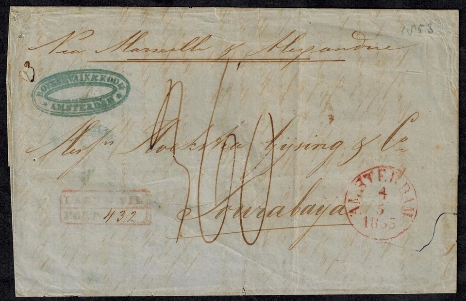 Dutch East Indies Pre Stamp 1853 Cover w/ Oval Amsterdam & Land Mail Post Boxed - Image 1 of 4