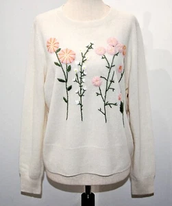 CYNTHIA ROWLEY Embroidered Cream 100% 2PLY-Cashmere Crew Neck Sweater  sz MEDIUM - Picture 1 of 8