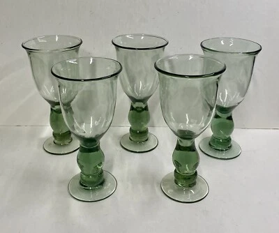 "Juego de 5 vasos de copa de vidrio verde soplado a mano de colección 7,5"" 10 oz" Foto 1 de 4