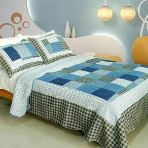 3 PC Coastal Life blue green plaids 100% Cotton Vermicelli Queen Quilt Shams - Picture 1 of 1