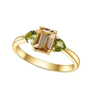 14K Gold Ring Natural Peridot Citrine Three Stone Trilogy Eternity Band - Picture 1 of 3