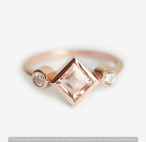 0.62 CT Princess Cut Lab created Peach Morganite 14K Rose Gold Over Vintage Ring - Picture 1 of 5