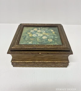 Vintage Wood Jewelry Box With Floral Picture Top With Inside Mirror 2.5" Depth - Picture 1 of 15