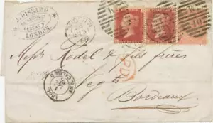 GB 1865 QV 4d dull vermilion Pl.7 (JA) + 2x 1d rose-red Pl.74 (JH) and Pl.93 (JD - Picture 1 of 1