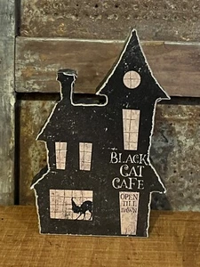 Black Cat Cafe Halloween Haunted House Chunky Shelf Sitter Rustic Primitive - Picture 1 of 5