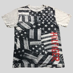 Tommy Hilfiger Shirt Medium Boys 12 Grey American Flag USA Short Sleeve Tee - Picture 1 of 6