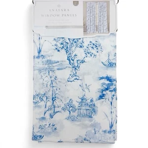 ANATARA Set of 2 Blue & White Pagoda Chinoiserie Toile Curtain Panels 84” NEW - Picture 1 of 10