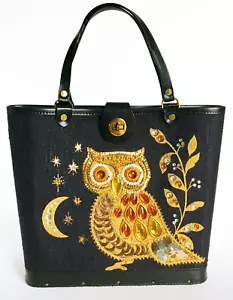 OWL JEWELED BLACK Purse Bag Tote Enid Collins style W Original Box - Picture 1 of 13