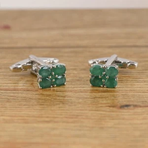 Natural Oval Cut Emerald Gemstone 925 Sterling Silver Men's Cufflnks Jewelry - Picture 1 of 3