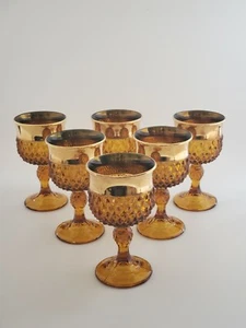 Vintage Indiana Glass Diamond Point Amber Wine Goblets Gold Band set of 6 EUC - Picture 1 of 12