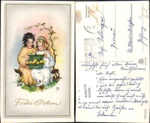 363496,Künstler Ak Ostern Kinder m. Korb Küken Blütenzweig Goldschrift  - Bild 1 von 1