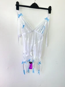 New Lovehoney White Blue Lace Peekaboo Bustier With Suspenders Size S/M Sexy - Picture 1 of 2
