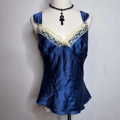 Vintage 2000s Blue Satin Lace Cami Top Babydoll Indie Sleaze Girlcore Y2K M - Image 1 of 4