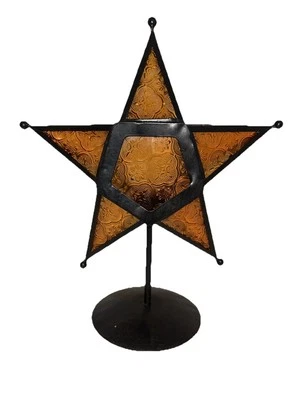 Amber Stained Glass Metal Star Tea Light Candle Holder With Stand 12" tall (g2) - Image 1 of 4