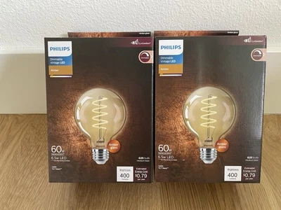 LOT OF 2 Philips Dimmable Vintage 60W Amber G25 LED Decorative Light Bulb, NEW - Image 1 of 4