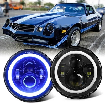 Faros LED redondos para Chevrolet Camaro 1967-1981 7" azul halo DRL haz alto+bajo Foto 1 de 4