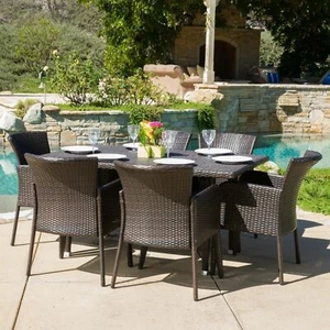Outdoor Wicker 7 Piece Dining Set, Multibrown - Picture 1 of 9
