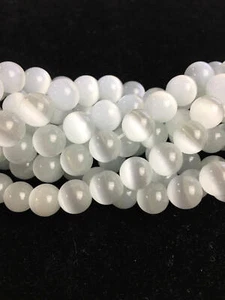 Cuentas redondas suaves blancas ojo de gato 4 mm 6 mm 8 mm 10 mm 12 mm 15,5" cadena - Imagen 1 de 4