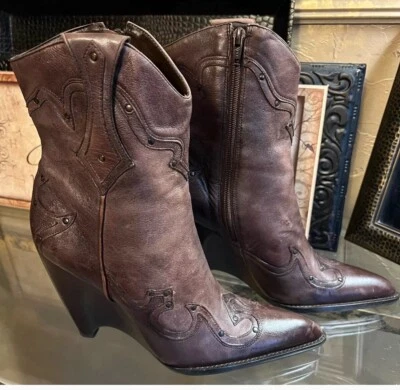Botas vaqueras Western Wedge botines punta puntiaguda para mujer talla 9 cuero marrón Foto 1 de 4
