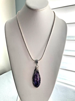 CHAROITE ENVUELTO EN ALAMBRE (?) Collar Colgante Estilo Bali 20" 3mm Trigo Cadena Palanca Foto 1 de 4