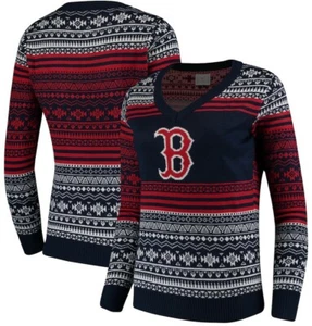 Boston Red Sox Women's Navy MLB Big Logo Aztec V-Neck Sweater - Picture 1 of 3