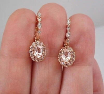 2.40Ct Oval Cut Morganite Diamond Drop/Dangle Earrings Solid 14K Rose Gold Over - Image 1 of 4