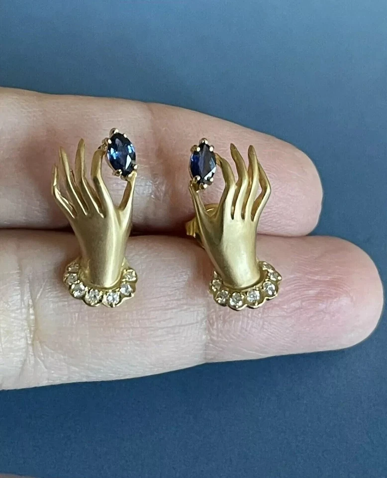 Hermosos aretes marquesa de zafiro simulado de 2 quilates enchapados en oro amarillo de 14 k Foto 1 de 4