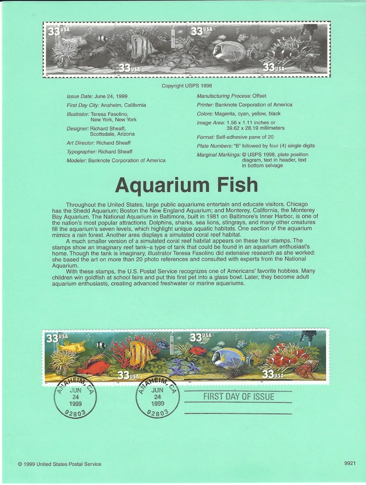Scott #3317/20...33 Cent ...Aquarium Fish...First Day Of Issue (1999) - Image 1 of 1