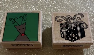 Two Rubber Stamps Christmas REINDEER ANTLERS & Gift Box Ribbons Wood Mounted New - Picture 1 of 8