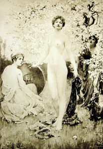 NACKTE NACKTE FRAU MÄDCHEN BRÜSTE IM WALD ~ Alt 1893 Sexy Erotik Kunstdruck RAR! - Bild 1 von 1