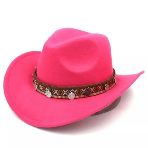 Hot Pink Western Cowgirl Cowboy Hat Men Women – Tribal Band Felt Wide Brim Rodeo - Picture 1 of 3