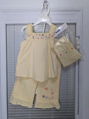 Girls Yellow 3 Piece Summer Outfit W/ Floral/Butterfly Embroidery Embellishments - Image 1 of 4