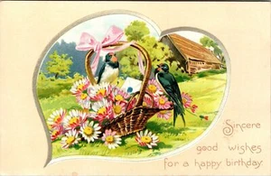 Postcard Good Wishes A Good Birthday swallows basket daisies Tuck's & Son #105 - Picture 1 of 2