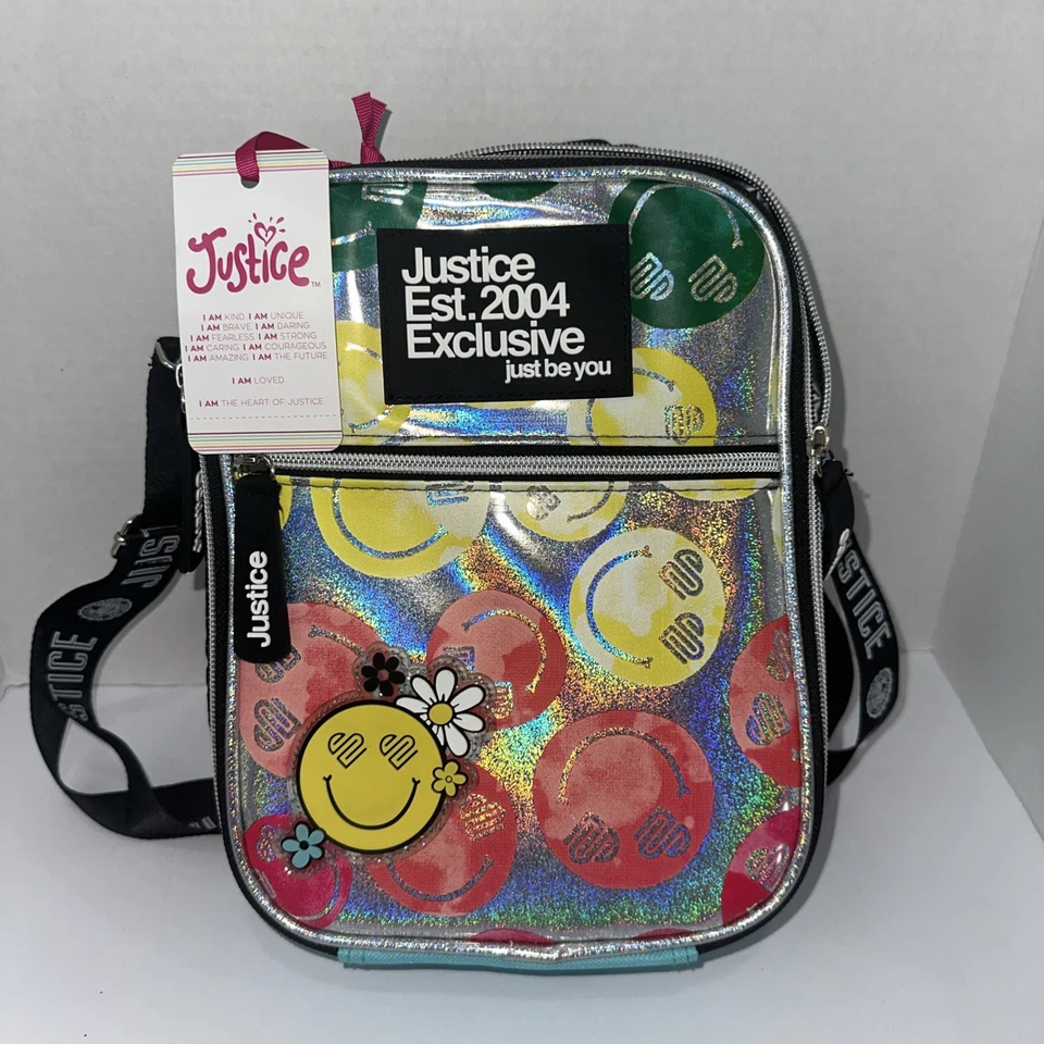 JUSTICE Girls Teal Lunch Box Bag Smiley Face's with Flowers 60's NEW With Tags. - Image 1 of 4