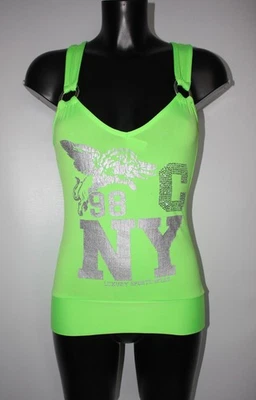 Ladies Racer Back Neon Green Vest Tank Top Stretch Silver NYC 98 Varsity - Image 1 of 4