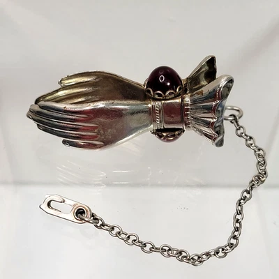 Vtg Silver-tone Hand Glove Scarf Holder Clip w/ Chain - Red Jeweled Gem Estate - Image 1 of 4