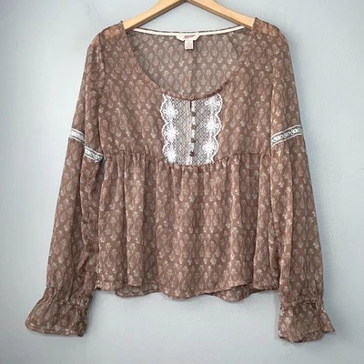 Arizona Peasant Top Size M Brown Floral Sheer Lace Trim Y2K Boho Romantic Fairy - Image 1 of 4
