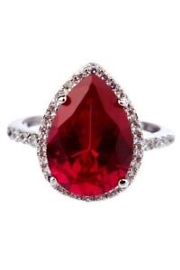 Pear Red Ruby Simulated Diamond Halo Statement Ring 14k White Gold Finish Silver