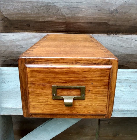 Antique Dovetailed Oak Library Index Card Catalog Drawer Cabinet Recipe Box Cover