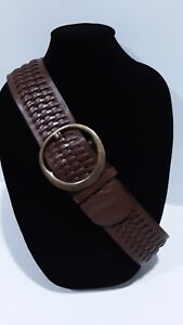 Candies women's M brown genuine leather braided 2.5" belt 3" gold circle buckle