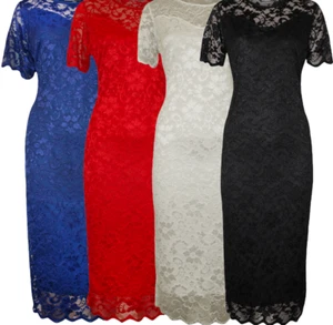 Ladies Plus Size Short Sleeve Floral Lace Lined Evenin Midi Body con Party Dress - Picture 1 of 5