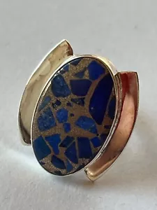 Large Oval Brown w Blue Shards Unique Stone in 925 Marked Silver Flare MODERNIST - Picture 1 of 9