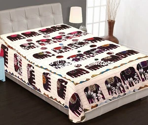 Indian Kantha Bedspread Single Size Kids Beige Cotton Elephant Stitched Bedding - Picture 1 of 3