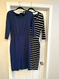 Two Bodycon Knit Dresses Elastic Waist Woman's Sz L Black & Blue w/Pockets - Picture 1 of 5