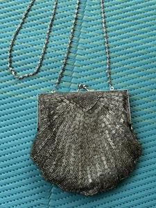 Vintage Beaded Evening Bag, Gray And Silver. Elegant Chain Handle Shoulder - Picture 1 of 8