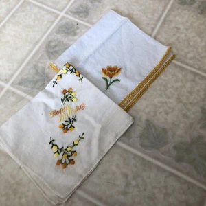 Two (2) Vintage White Hankies Embroidered 1 says Happy Birthday & Orange Flower - Picture 1 of 3