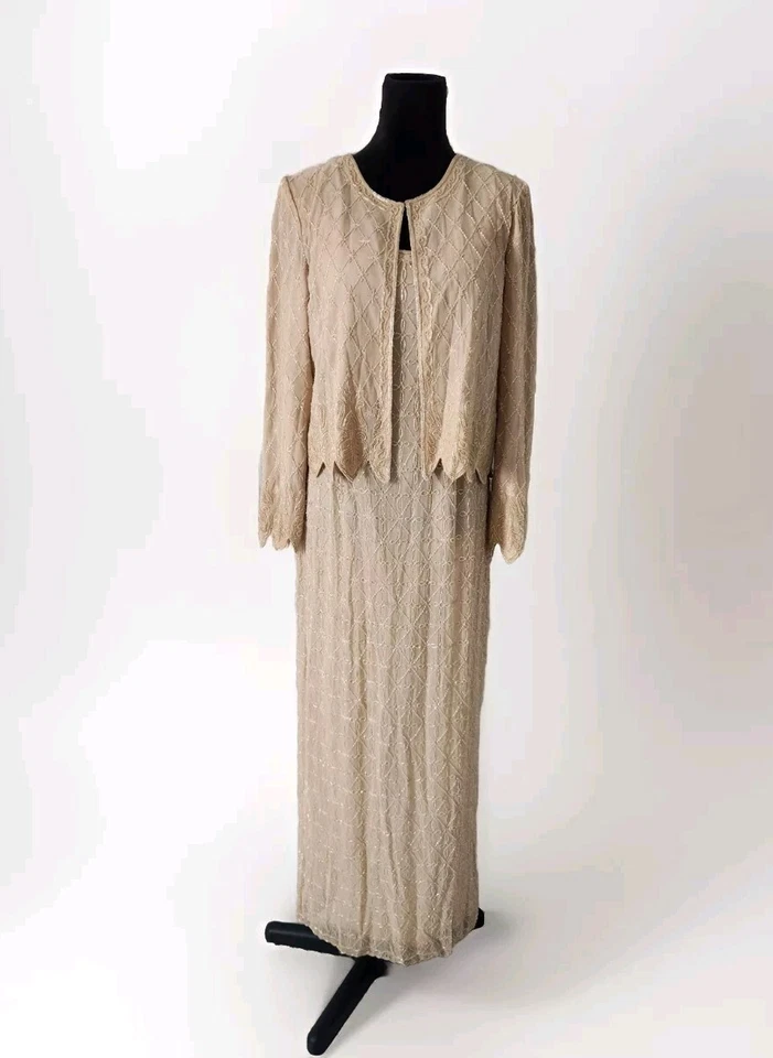 Adrianna Papell Ocasiones Crema Cuentas Seda Slip Vestido Vestido y Chaqueta Talla 10 Foto 1 de 4