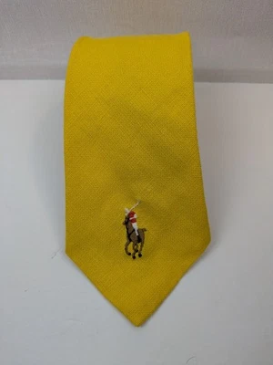 Polo by Ralph Lauren Neck Tie Yellow w Horse 100% Linen Hand Made in Italy 58" - Image 1 of 4